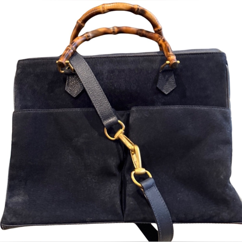 Gucci Black Suede Shoulder Bag with Bamboo Handles